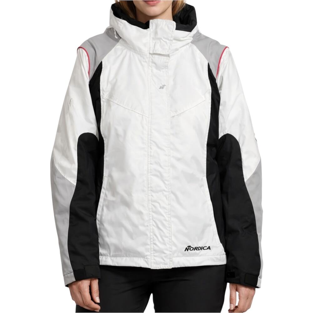 Nordica Ski Snow Jacket 100% Nylon High Neck Full Zipper White Black Gray 8